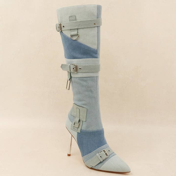 DOVE - Multi-Strap Denim Boots w/ Buckle Details for wholesale by Lemonade Shoes