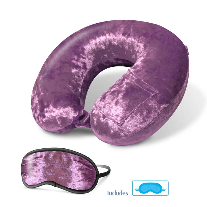 Cloudz Crushed Velvet Memory Foam Travel Neck Pillow- Purple for wholesale by Cloudz