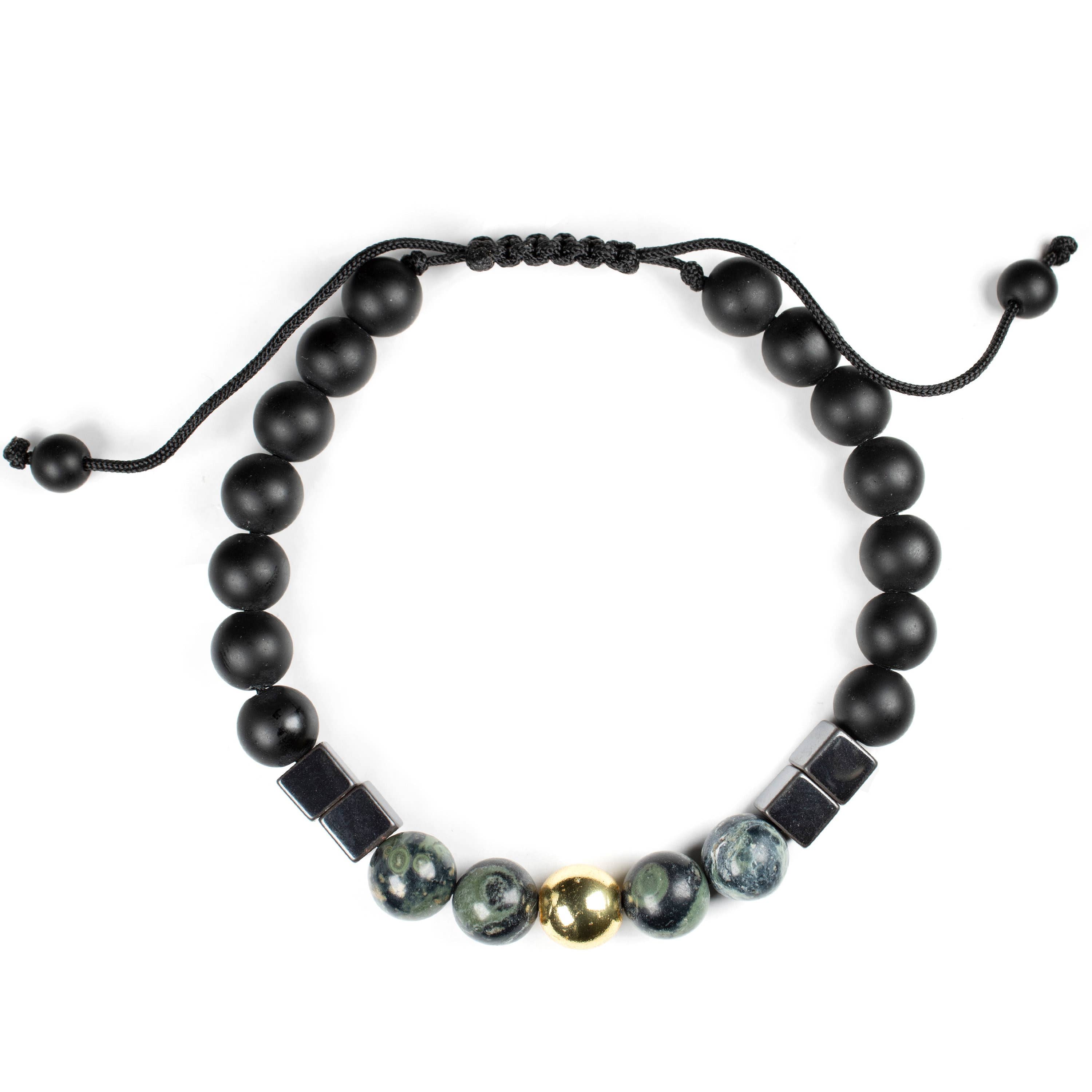 Mana Gallery – Pulseira de missangas por atacado – Elegância Terrena: Ónix, Jaspe Kambaba e Hematita Cúbica4