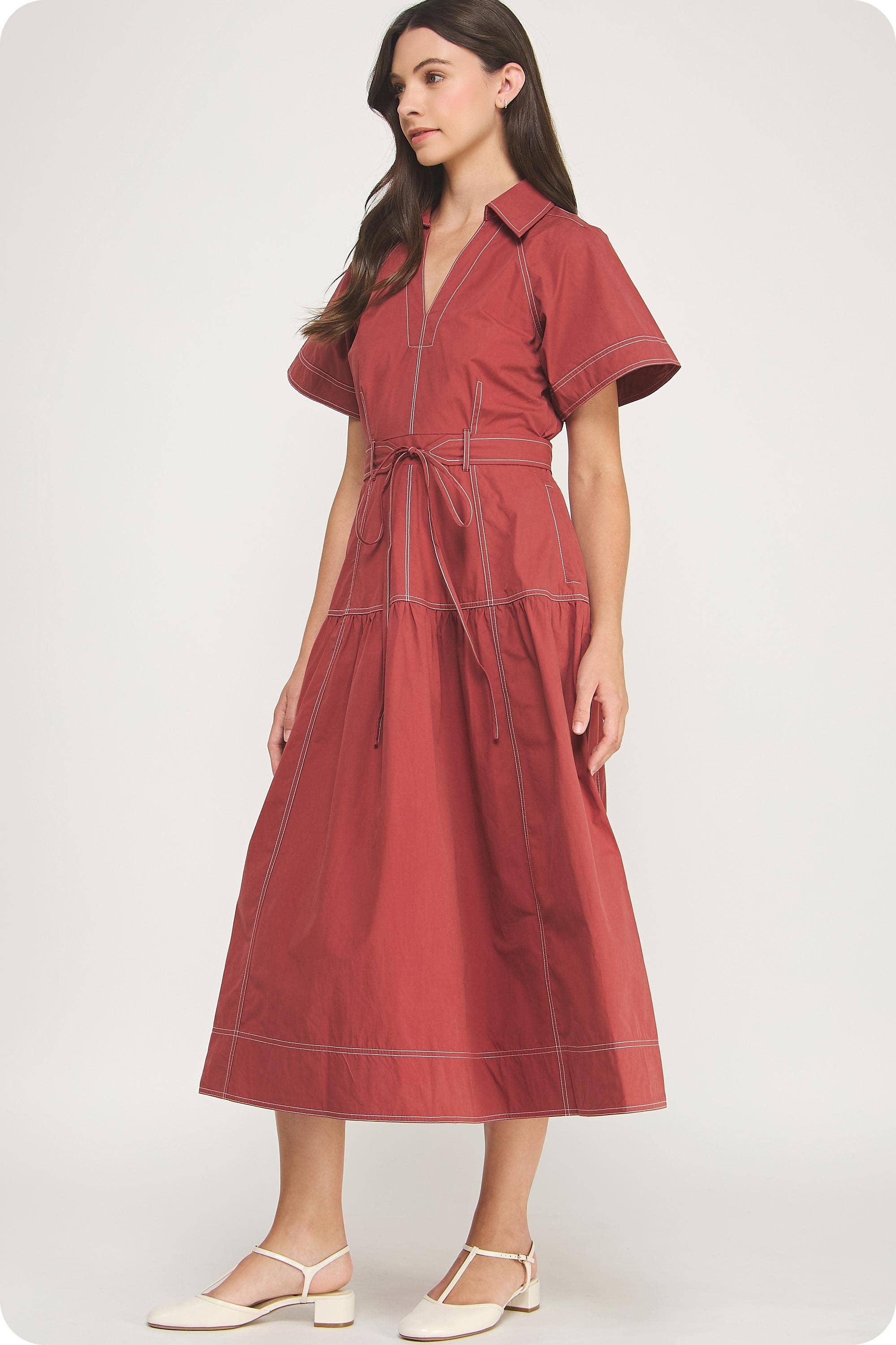 Strut & Bolt - Vente Robe – femme - Robe midi en popeline à col surpiqué6