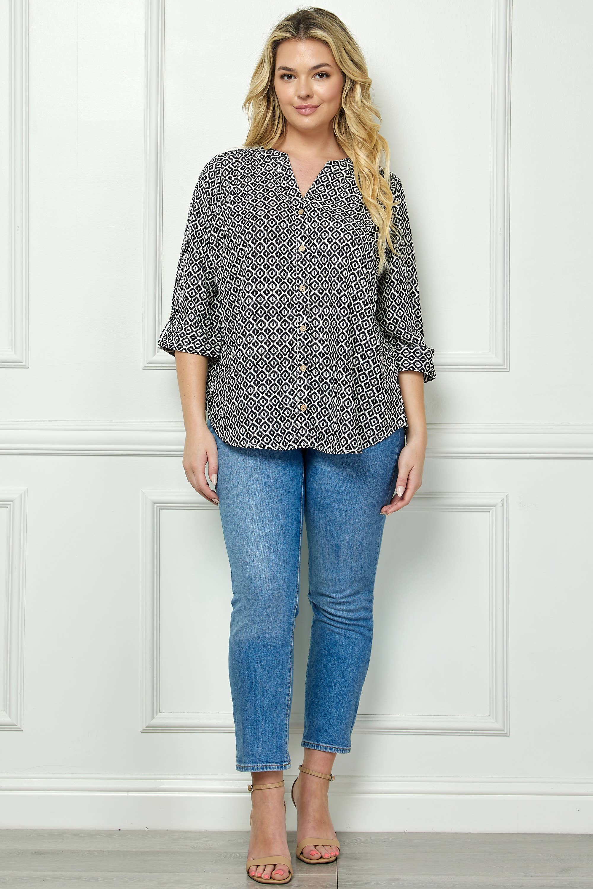 Ivory Black PLUS SIZE MANDARIN COLLAR  PLAKET  BLOUSE for wholesale on Faire5