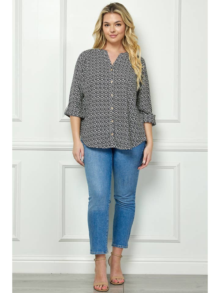 Ivory Black PLUS SIZE MANDARIN COLLAR PLAKET BLOUSE for wholesale on Faire5