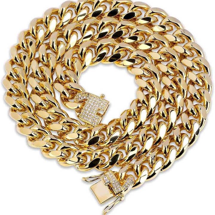 digsell - Wholesale Link & Chain Necklace - YOSZO Jin'ao 12mm 18k Gold Plated Gangster Cuban Chain Necklace With 1ct Lab Diamond Clasp