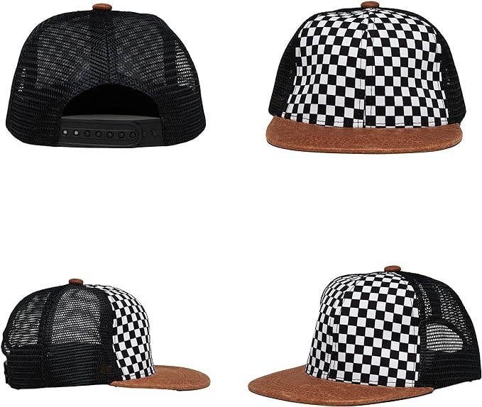 Funky Junque – wholesale Kids hat – Kids – Flat Brim Trucker Hat - Checker/Faux Leather Brim2