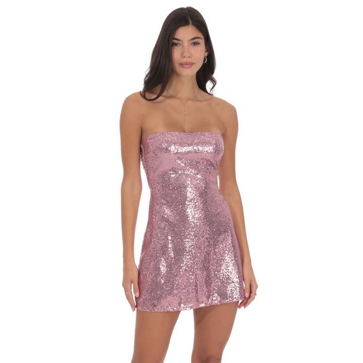 Robe bustier à sequins en rose rose pour la vente par Lucy In The Sky