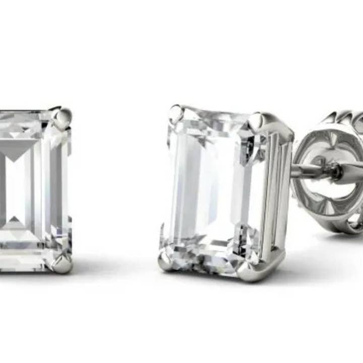 TwoBirch - Wholesale Stud/post earrings - Twobirch 2 Carat Dew Emerald Cut Moissanite Stud Earrings Set in 18k White Gold Plated Silver (Certified)