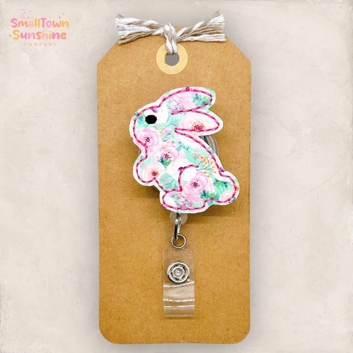 Enrouleur de badge lapin floral bleu sarcelle et rose pour la vente par The SmallTownSunshine Company