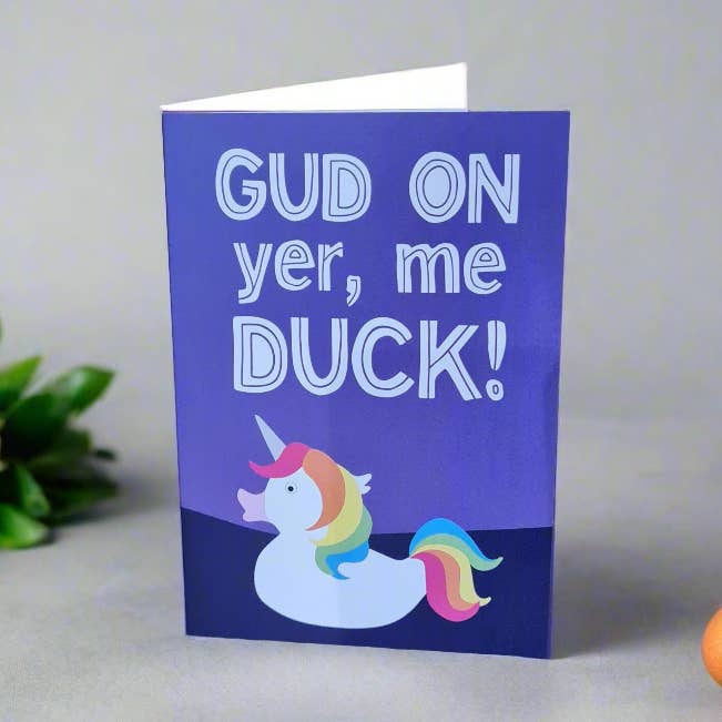 Gud on yer, me duck! Card for wholesale by Dukki Gifts