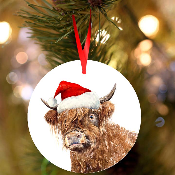 Decorazione natalizia/festiva in ceramica, mucca delle Highland per la vendita all'ingrosso da parte di Field and Fur Gifts