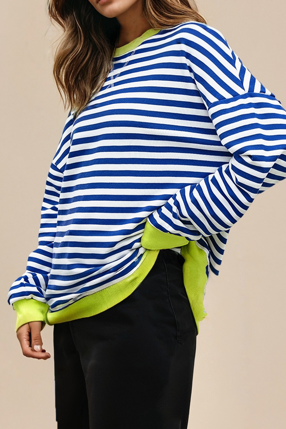 LA Society - Vente Sweat-shirt – femme - Sweat-shirt à rayures contrastées avec point croisé et épaules tombantes3