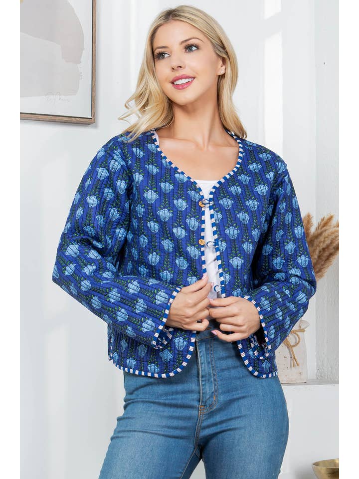 LA Soul - Wholesale Jacket - Women's - Floral Print Quilted Patch Cotton Jacket - Blue