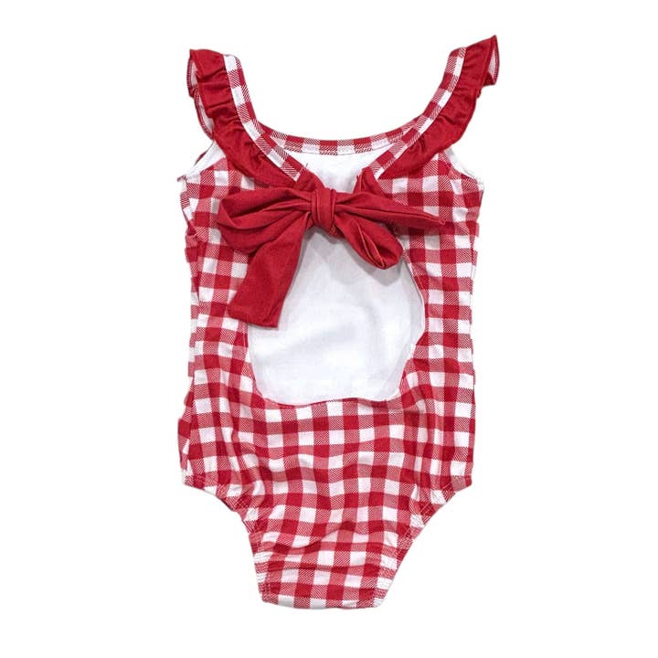 Sugar Bee Clothing - Wholesale One Piece Swimsuit - Kids - Girls Swimsuit - Bow Back - Red Gingham