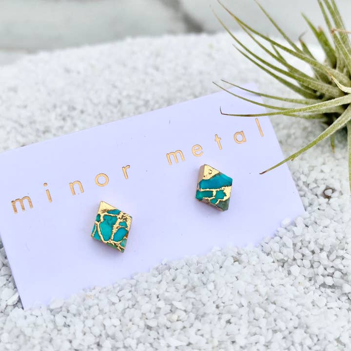 gold-dipped turquoise diamond stud earrings for wholesale by minor metal jewelry