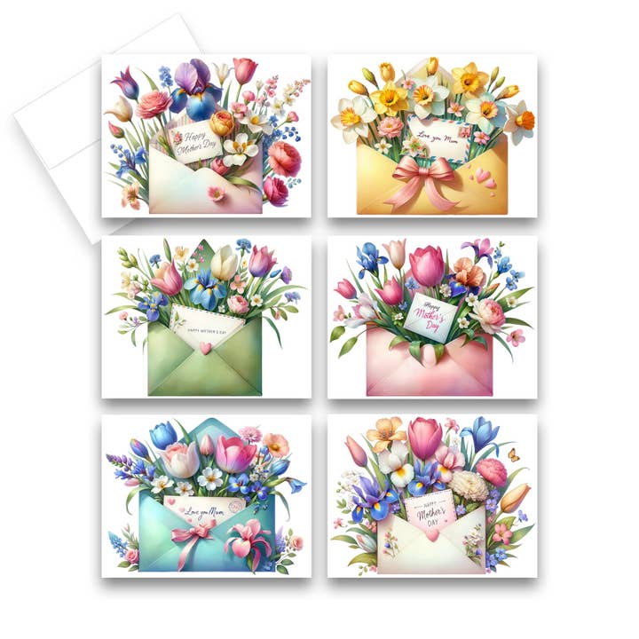 Assorted Mother's Day Floral Cards - Set of 6 - Blank Inside for wholesale by Aria Rae
