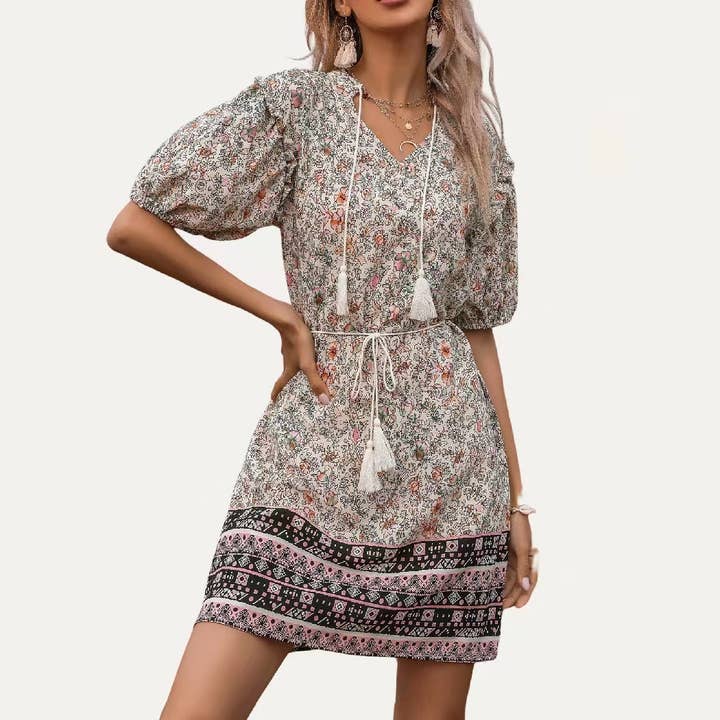 Faded Floral Print Notch Neck Short Sleeve Mini Dress for wholesale by The Moment Collection