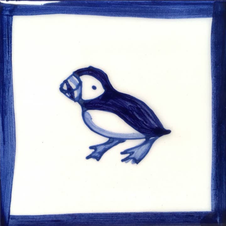 Elspeth Gardner Ceramics - Wholesale Wall Tile - Hand Painted delft style tile Puffer/Fishing boat 2 size opt
