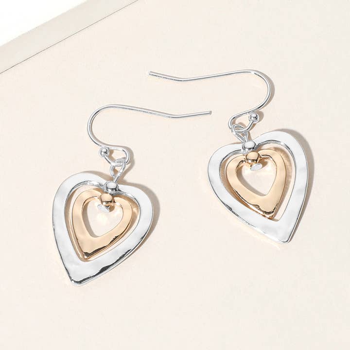 Sensibling Corp. - Wholesale Dangle earrings - Hammered Metal Double Open Heart Layered Dangle Earrings3