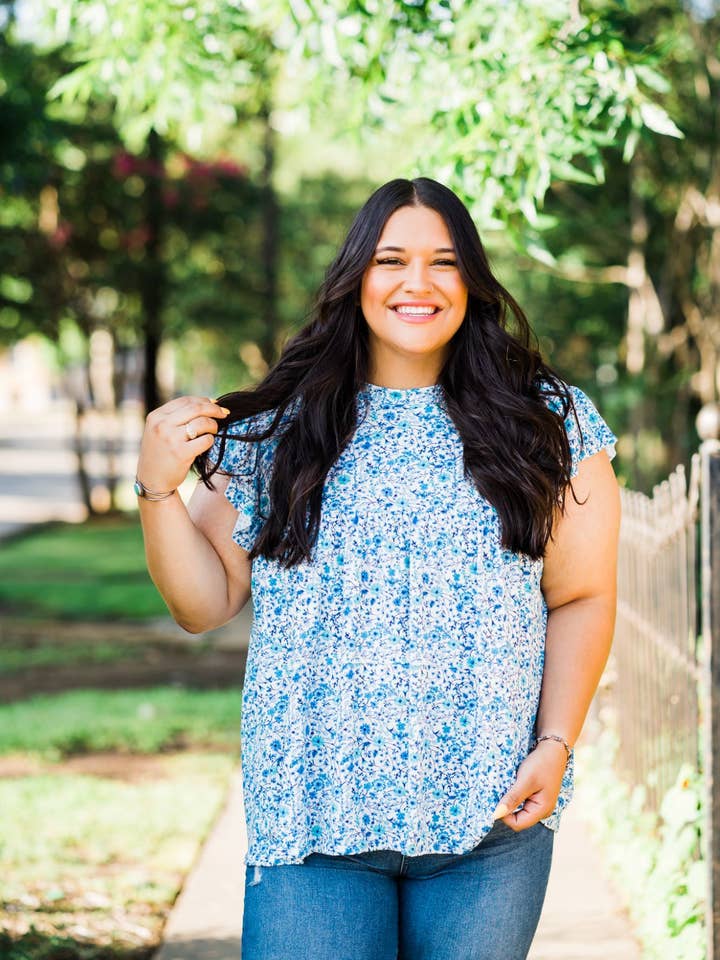 PLUS Tiered Ruffle Sleeve Top in Blue Floral - 1X-3X Pack for wholesale by Misty BD