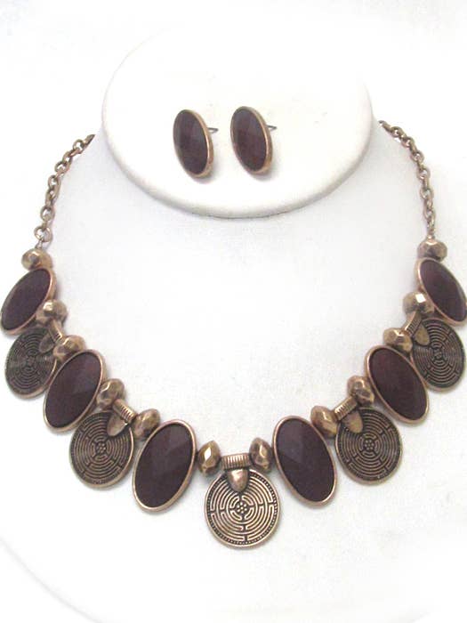 ( V072 ) STONE TETURE DISK NECKLACE SET for wholesale by Jewelry Max