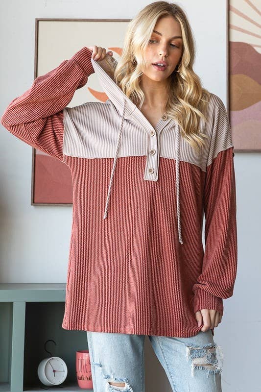 Sunday Morning – Großhandel Hoodie – Damen – T4577HE10-SOLIDE URBANE GERIPPTE KONTRAST-KAPUZENPULLOVER9