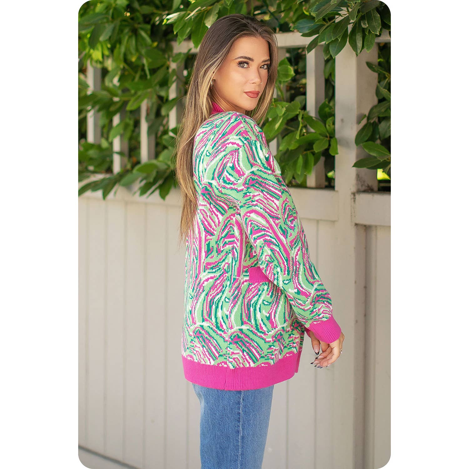 Rosa/Grön Multi Swirl Print Stickad Cardigan för wholesale på Faire7