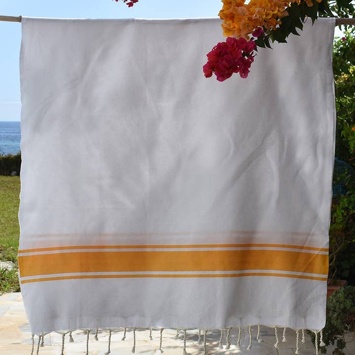 Fouta Tunisia - Vente Serviette de plage - Fouta blanche à bandes colorées