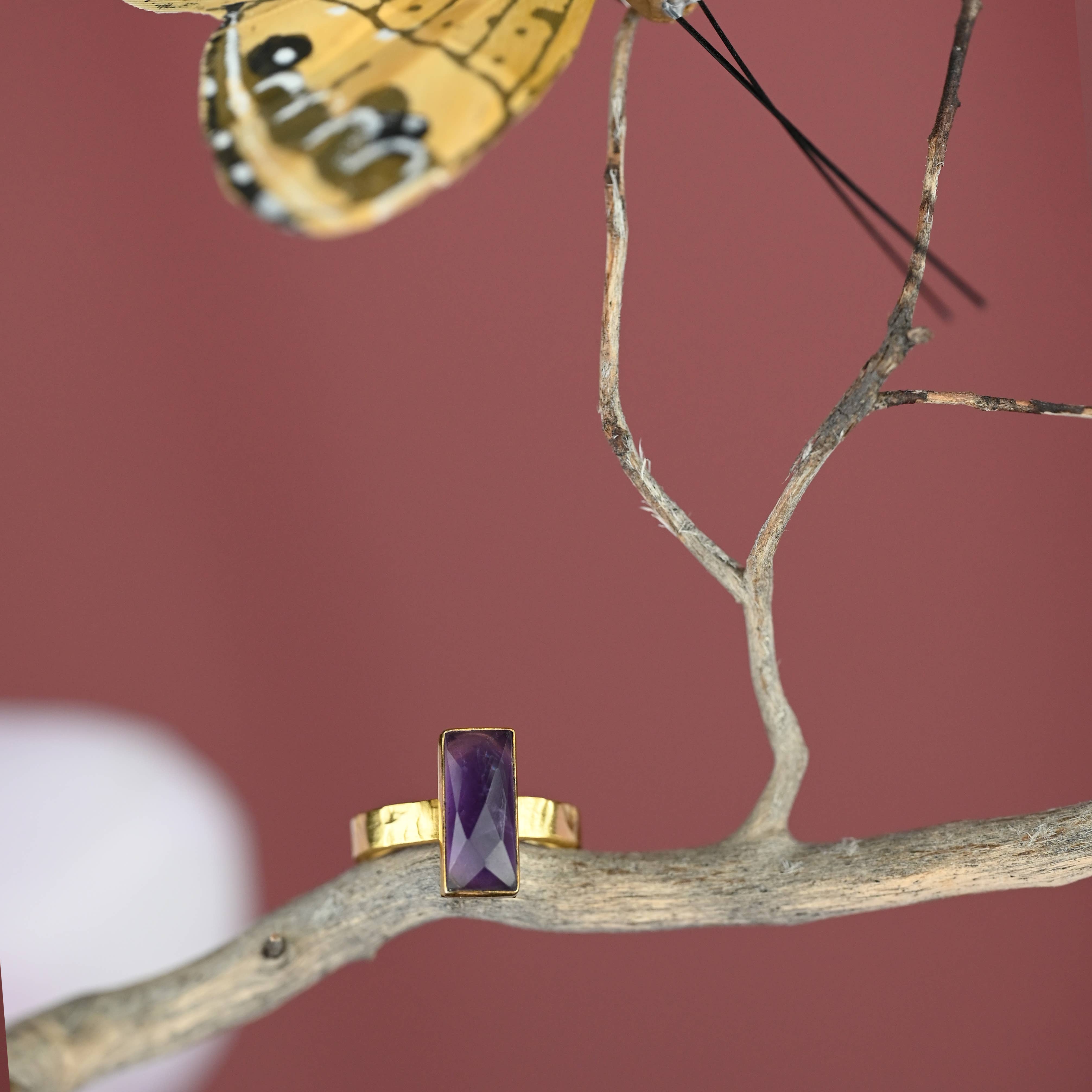 KBD Studio - Wholesale Cocktail/Statement Ring - Amethyst  Rectangle Ring on a Hand Hammered Golden Band8
