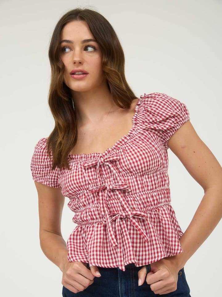 Blu Pepper - Wholesale Blouse - Women's - GINGHAM BOW DETAIL SHIRRED WAIST SHORT SLEEVE TOP