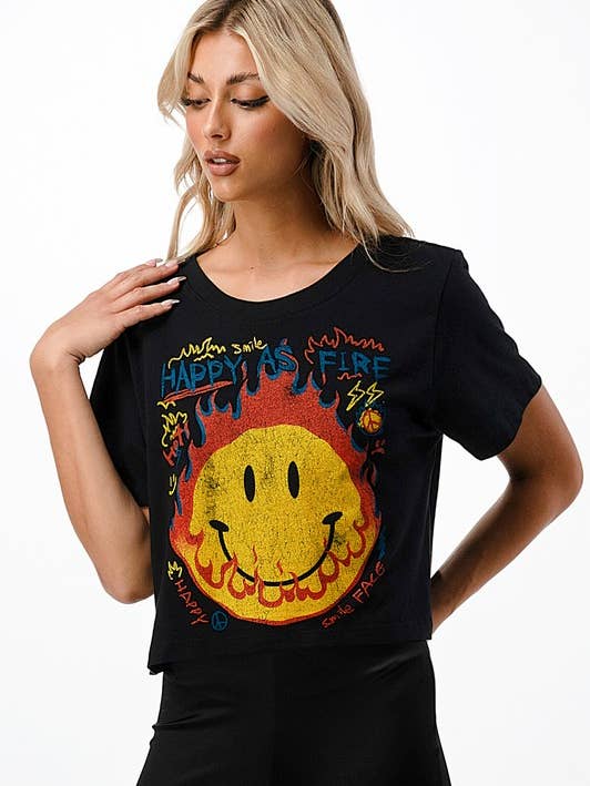 Graphic Crop Top Happy as Fire for wholesale by Purple Candy Jeans