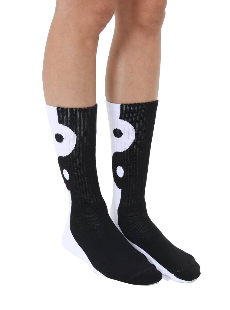Living Royal - Wholesale Socks - Unisex - Classic Crew Socks w/ Ribbed Tubing - Yin Yang-Black & White2