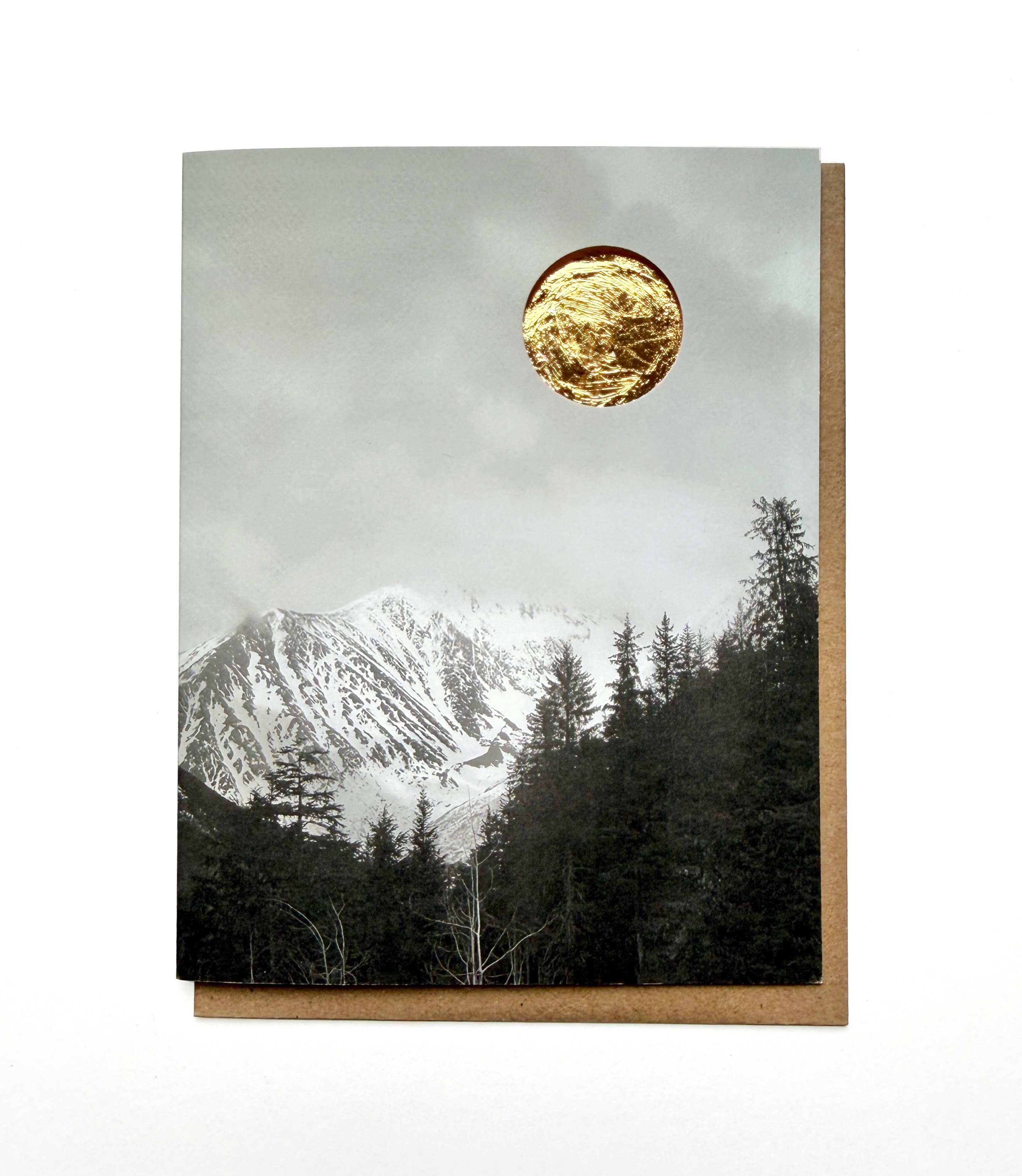 Little Lark - Vente Cartes de vœux saisonnières - Carte de vacances d'hiver à la montagne avec soleil en feuille d'or0