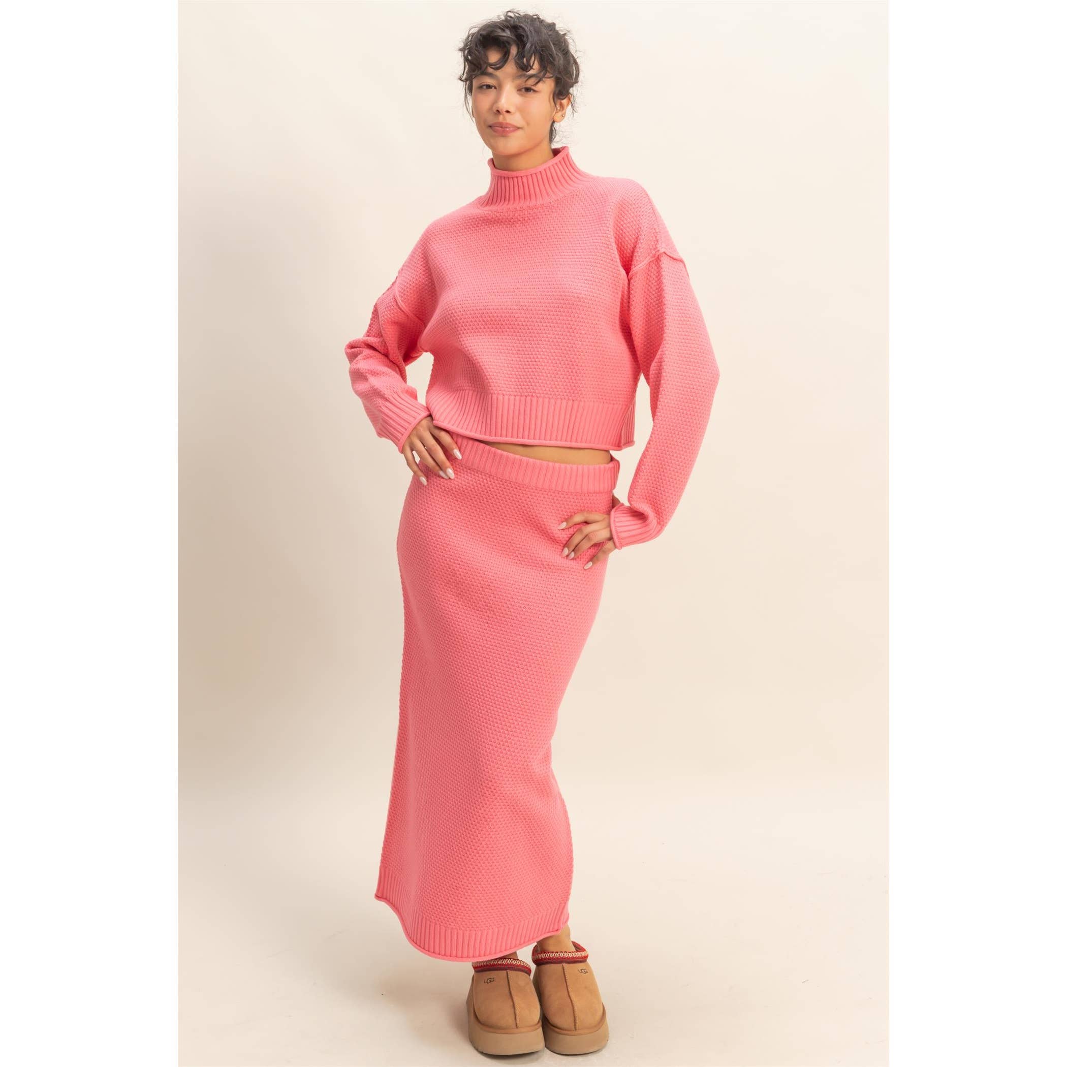 Double Zero - Wholesale Top & Skirt Set - Women's - Textured High Neck Sweater & Skirt Set8