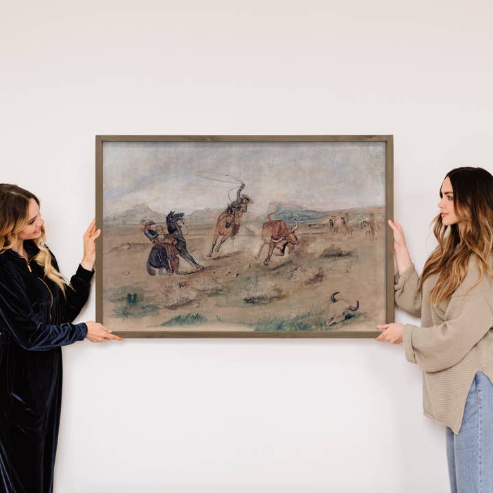 Hangout Home - Wholesale Art Print - Cowboys Roping Bulls - Cowboy Canvas Art - Wood Framed Art