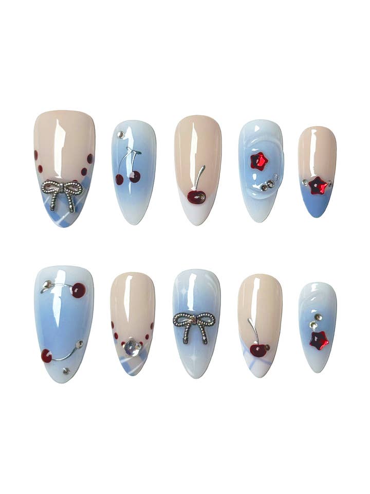 Bea Plaid and Cherries Nails for wholesale by Claws Instant Nails LLC