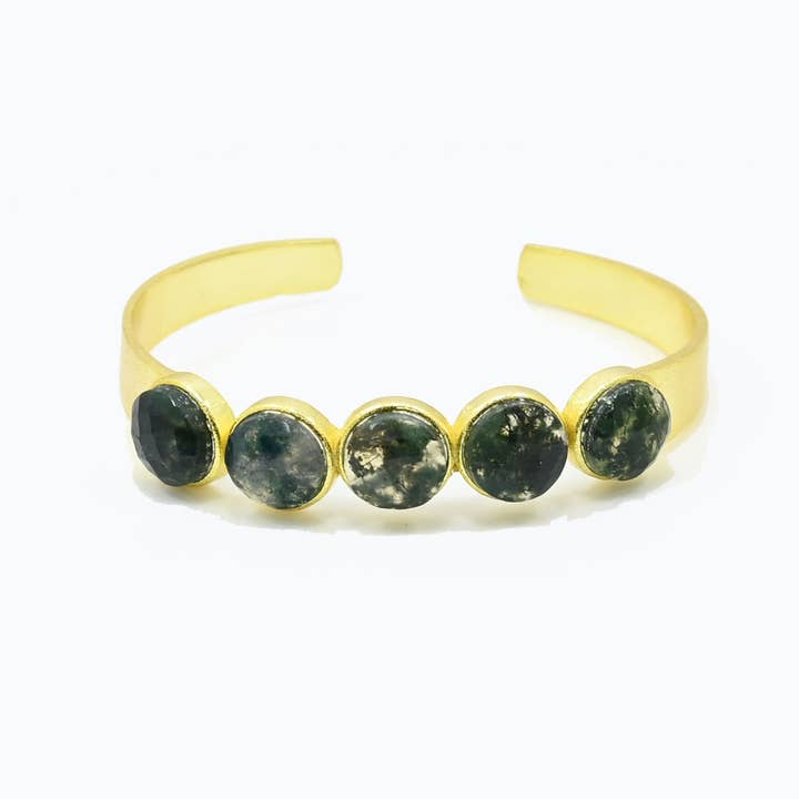 Vera Gold Cuff Bangle - Moss Agate for wholesale by Schmuckoo Berlin