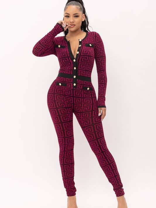 Embossed Gold Metalic Long Sleeve Jumpsuit for wholesale by Belita Collection