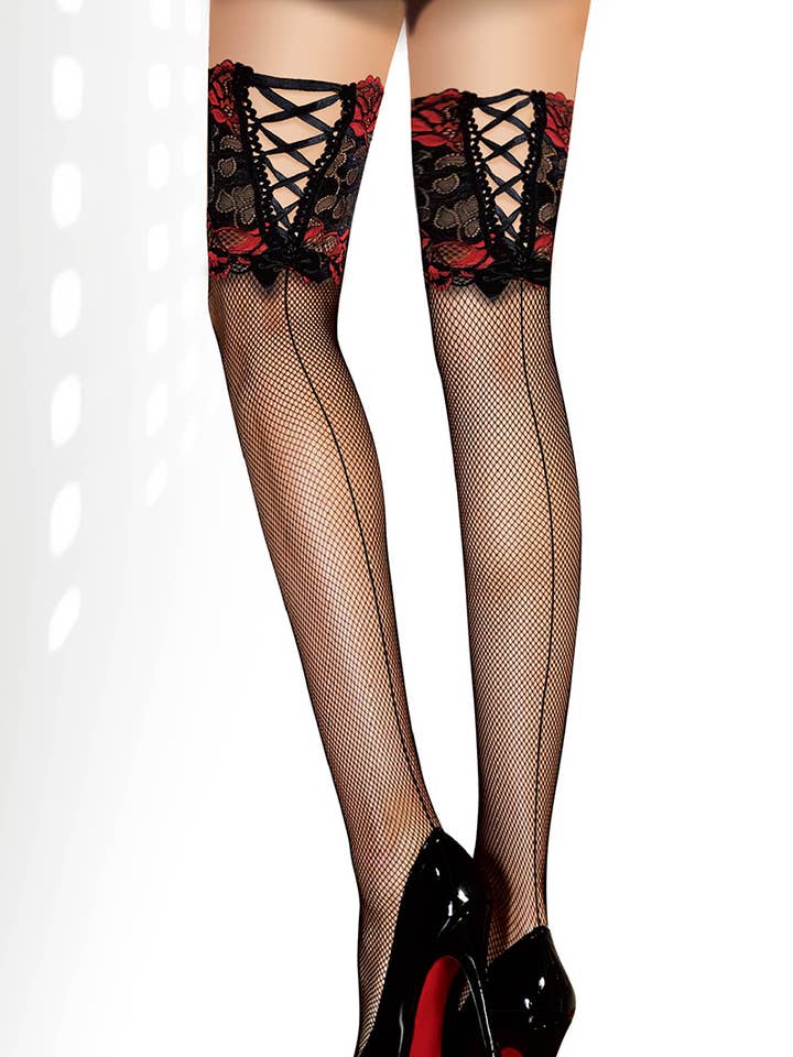 Black Red seam and lace self-fixing fishnet socks/SR7957 for wholesale on Faire