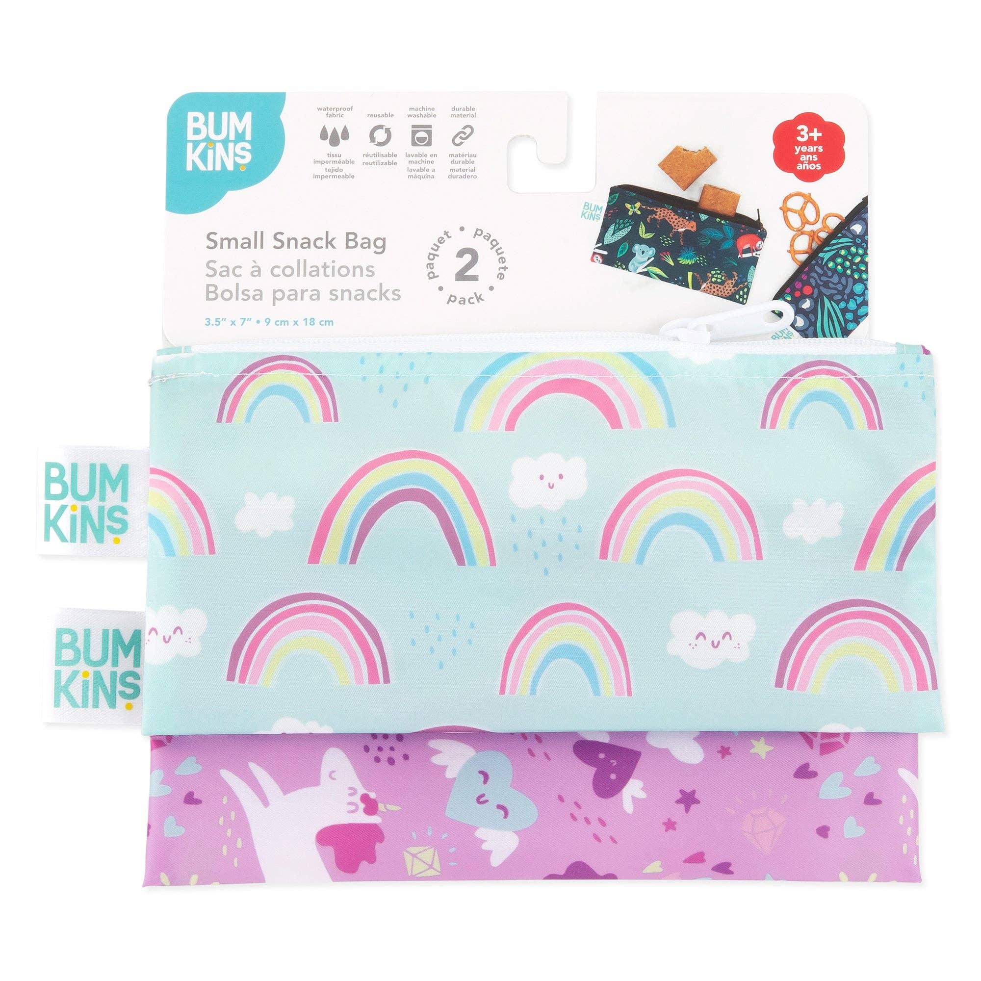 Bumkins - Vente Boîte pour encas – enfant et bébé - Sac à collation réutilisable, petit paquet de 2 : arcs-en-ciel et licornes14