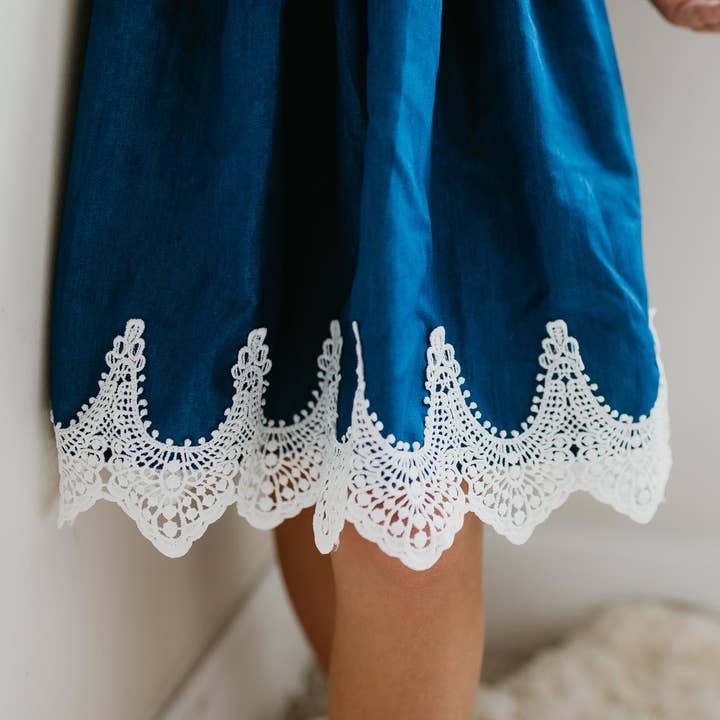 Oopsie Daisy - Wholesale Dress - Kids - Kids Denim Ruffle Intricate Lace Summer Dress