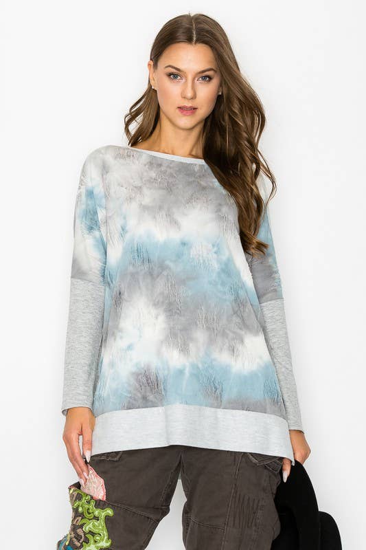 Blue 10702L507 - UNBALANCED COLD SHOULDER TIE DYE TOP for wholesale on Faire3