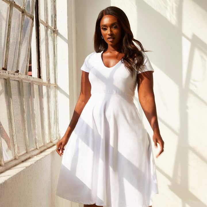 Essential V-Neck Skater Midi Dress W. Pockets - White for wholesale by REBDOLLS