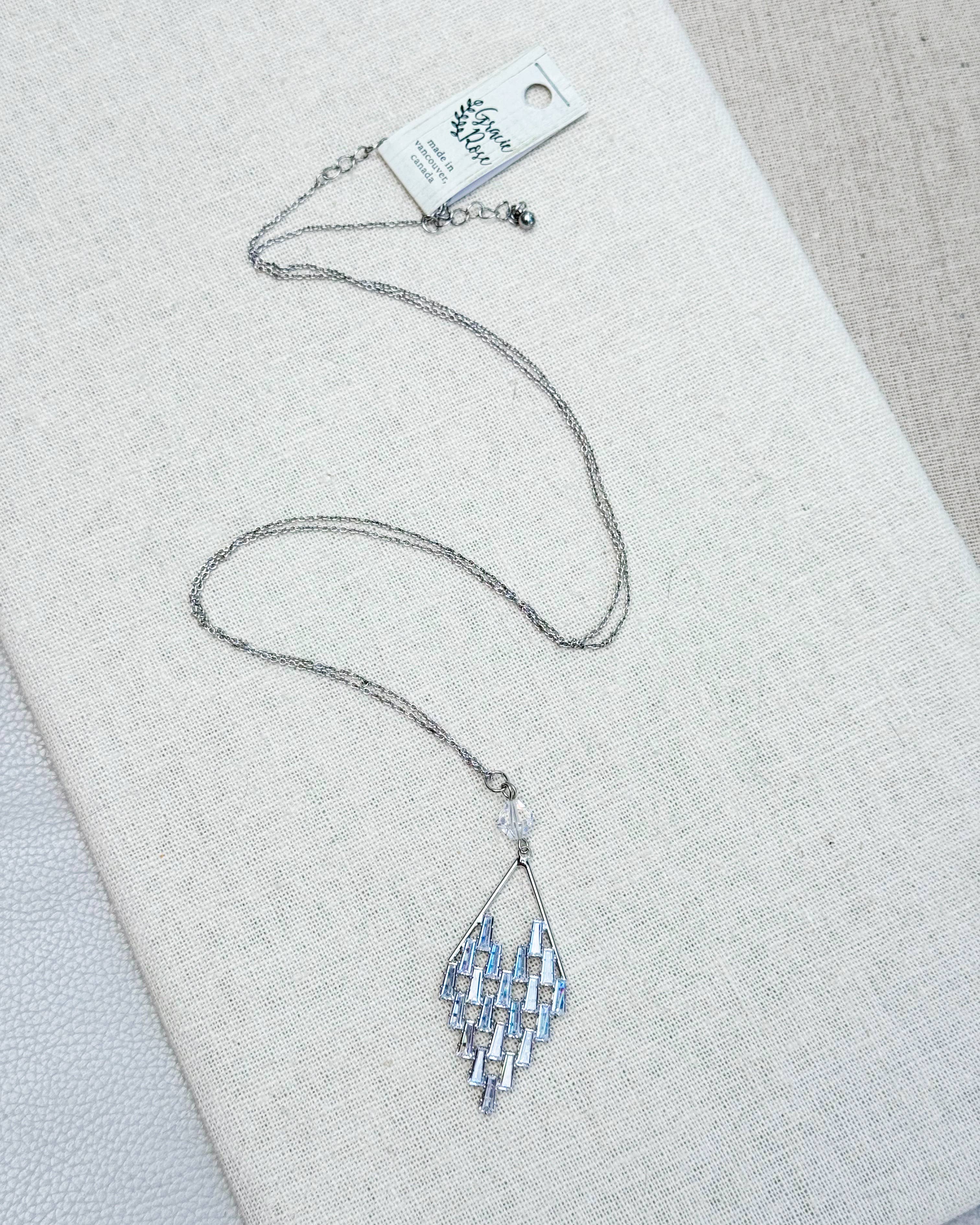 Gracie Rose Designs - Wholesale Pendant/Charm Necklace - Art Deco Rhinestone Geometric Pendant Silver Long Necklace2