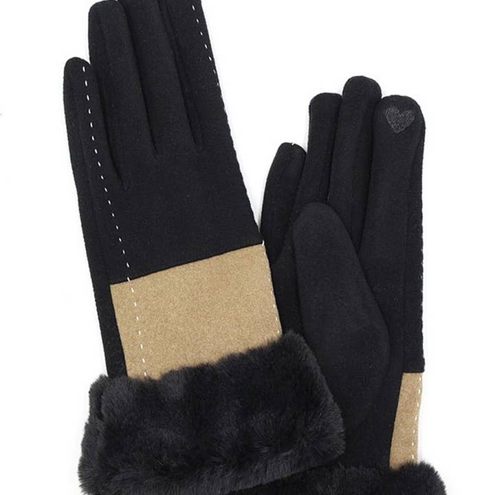 3AM BY H&D ACCESSORIES - Wholesale Gloves - Women's - Two Tone And Stitch Lines Faux Fur Cuff Smart Touch Gloves