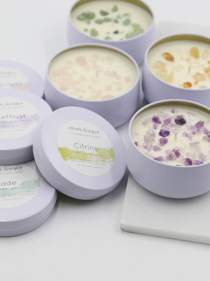 Crushed Crystal Candle -Amethyst, Rose Quartz, Citrine, Jade for wholesale by Acute Designs