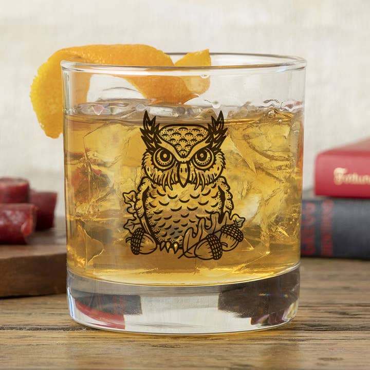 Two Little Fruits - Wholesale Cocktail/Liquor Glass - Owl Whiskey Glass – Hand-Printed Rocks Glass