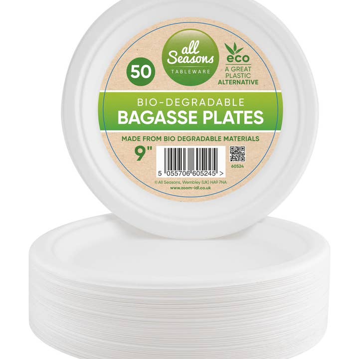 50 - 9" Plates Sugarcane Bagasse Eco Biodegradable Party BBQ for wholesale by Home Shopa