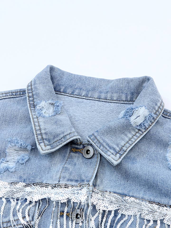 Sky Blue Sequin Embellished Fringe Distressed Denim Jacket for wholesale on Faire13