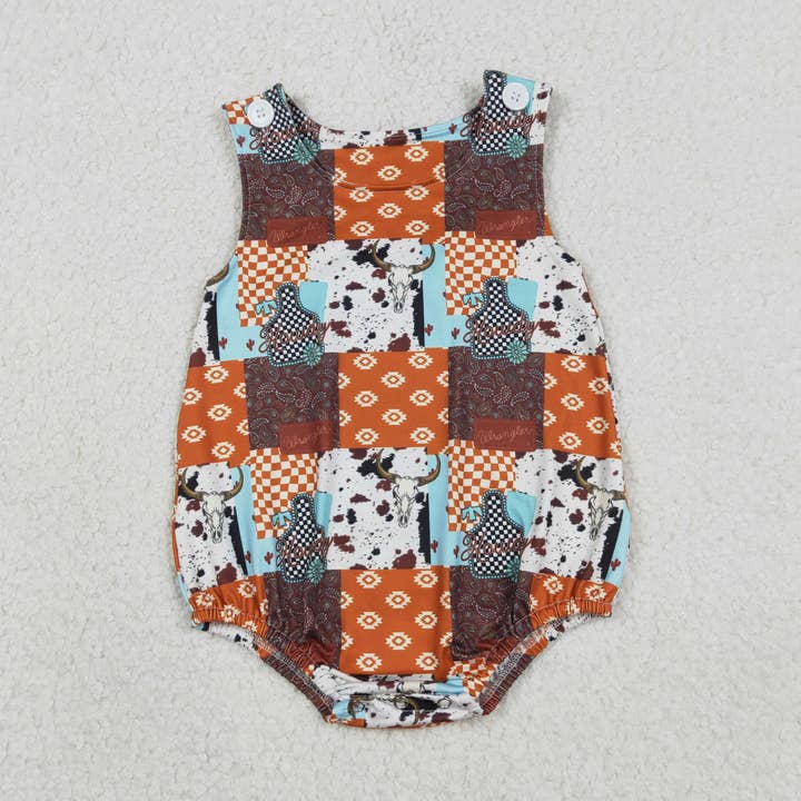 Barboteuses occidentales sans manches pour bébés garçons à motifs aztèques et crânes de taureau à carreaux pour la vente par Aier Wholesale