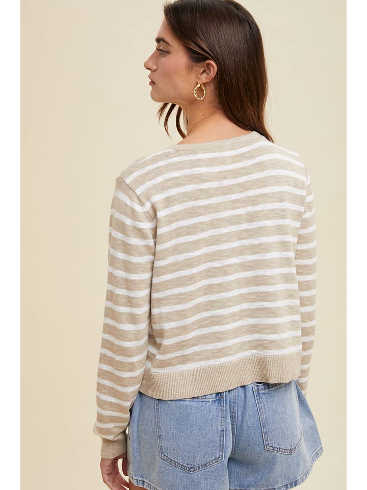 TAUPE WHITE LIGHTWEIGHT STRIPED BUTTON UP CARDIGAN / WL24-9575 for wholesale on Faire
