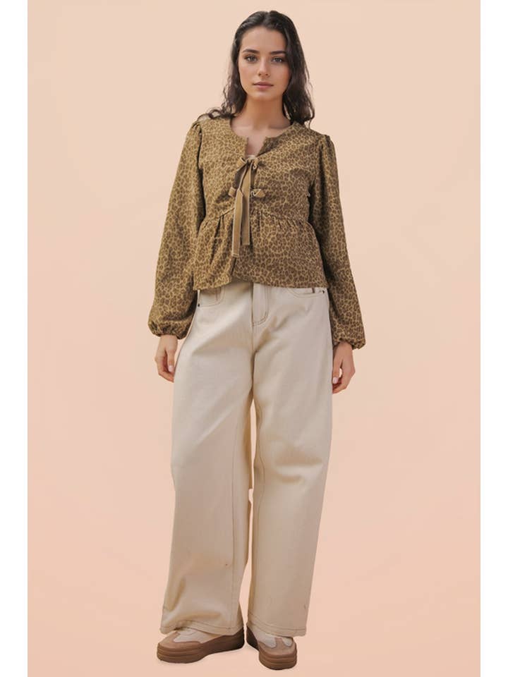 VERY J - Wholesale Blouse - Women's - NT12244-Leopard Printed Front Tie Woven Blouse Top14